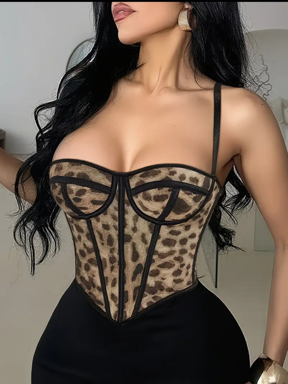 Leopard Print Fishbone Overbust Bustier Corset Top with Straps